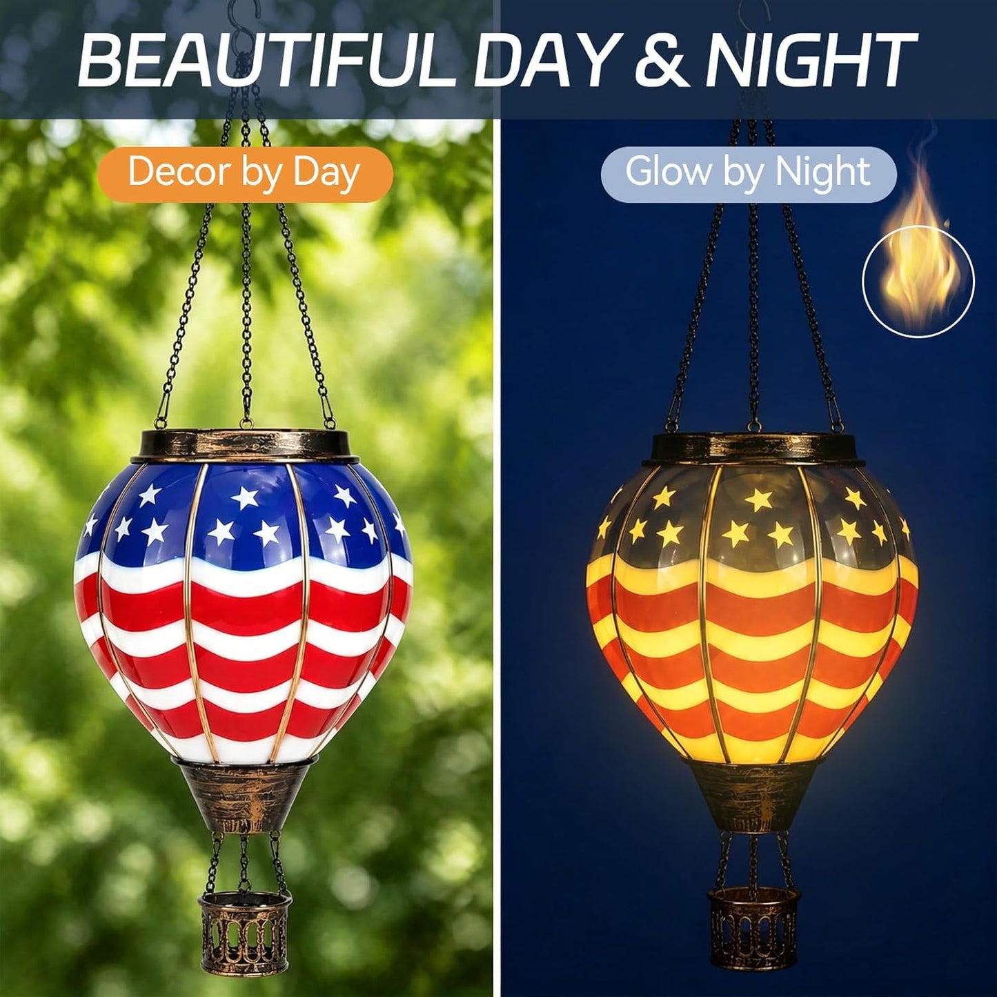 2 Pcs Hot Air Balloon Solar Lantern for Patriotic Outdoor Garden Decor, 4Th of July Hanging Flickering Flame Lights Waterproof Hanging Lantern Lamp for 250Th Anniversary Yard Porch Lawn