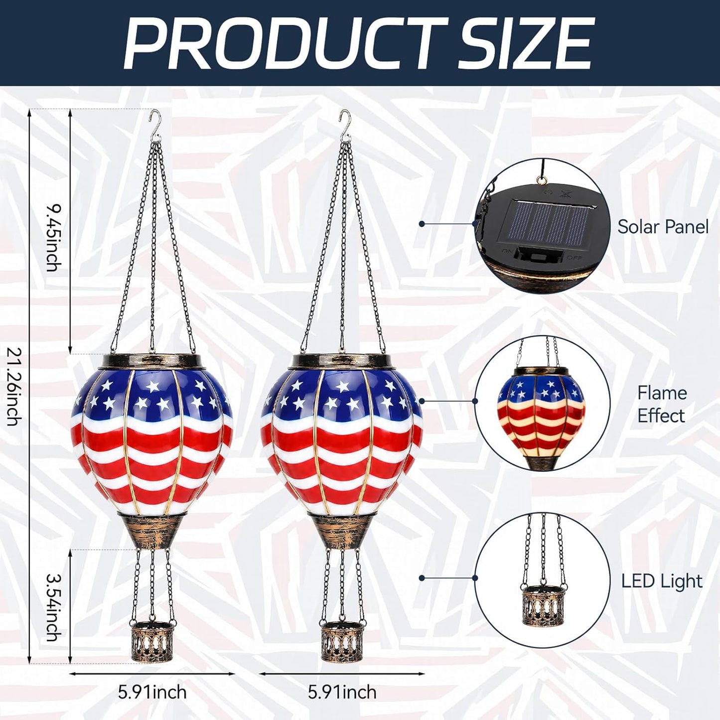 2 Pcs Hot Air Balloon Solar Lantern for Patriotic Outdoor Garden Decor, 4Th of July Hanging Flickering Flame Lights Waterproof Hanging Lantern Lamp for 250Th Anniversary Yard Porch Lawn