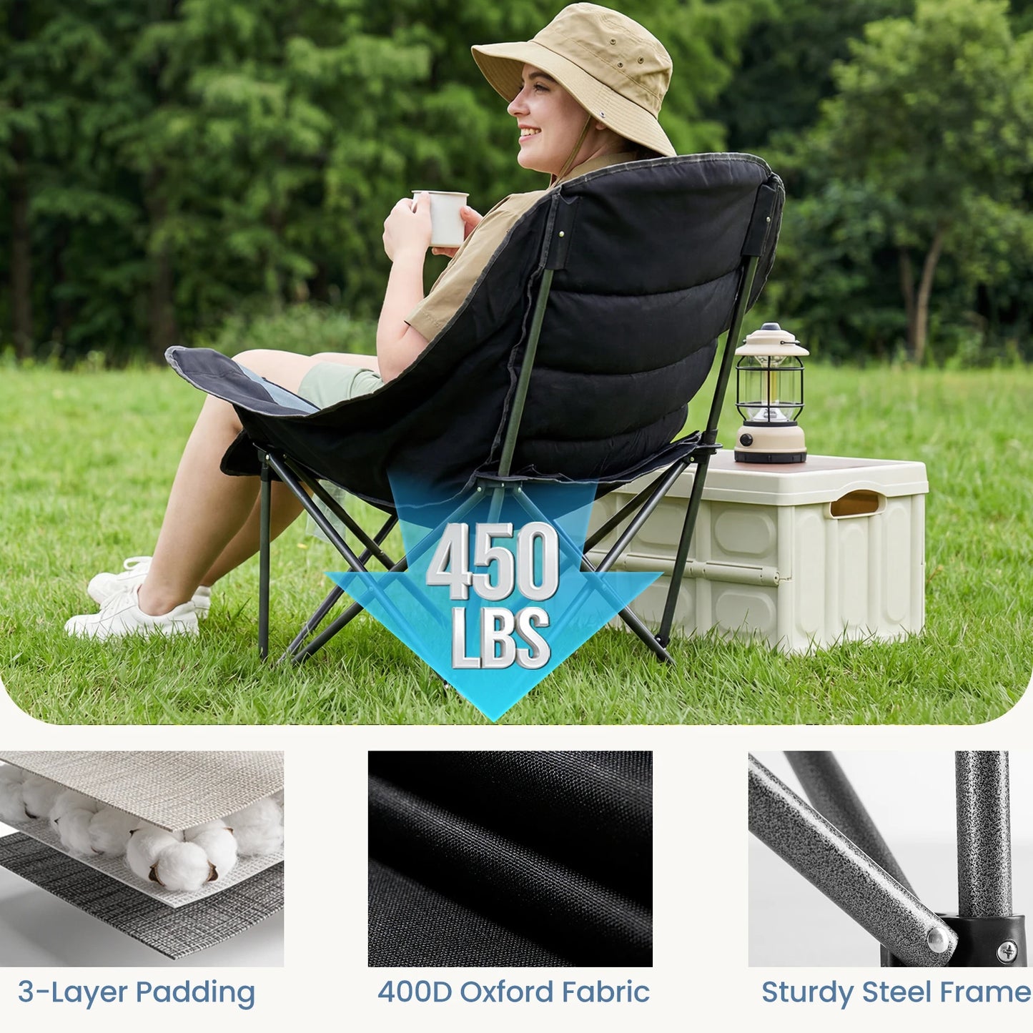 450Lbs Oversized Camping Chair Folding Chair with Cup Holder Padded Armrests Sturdy Steel Frame Outdoor Picnic Chair