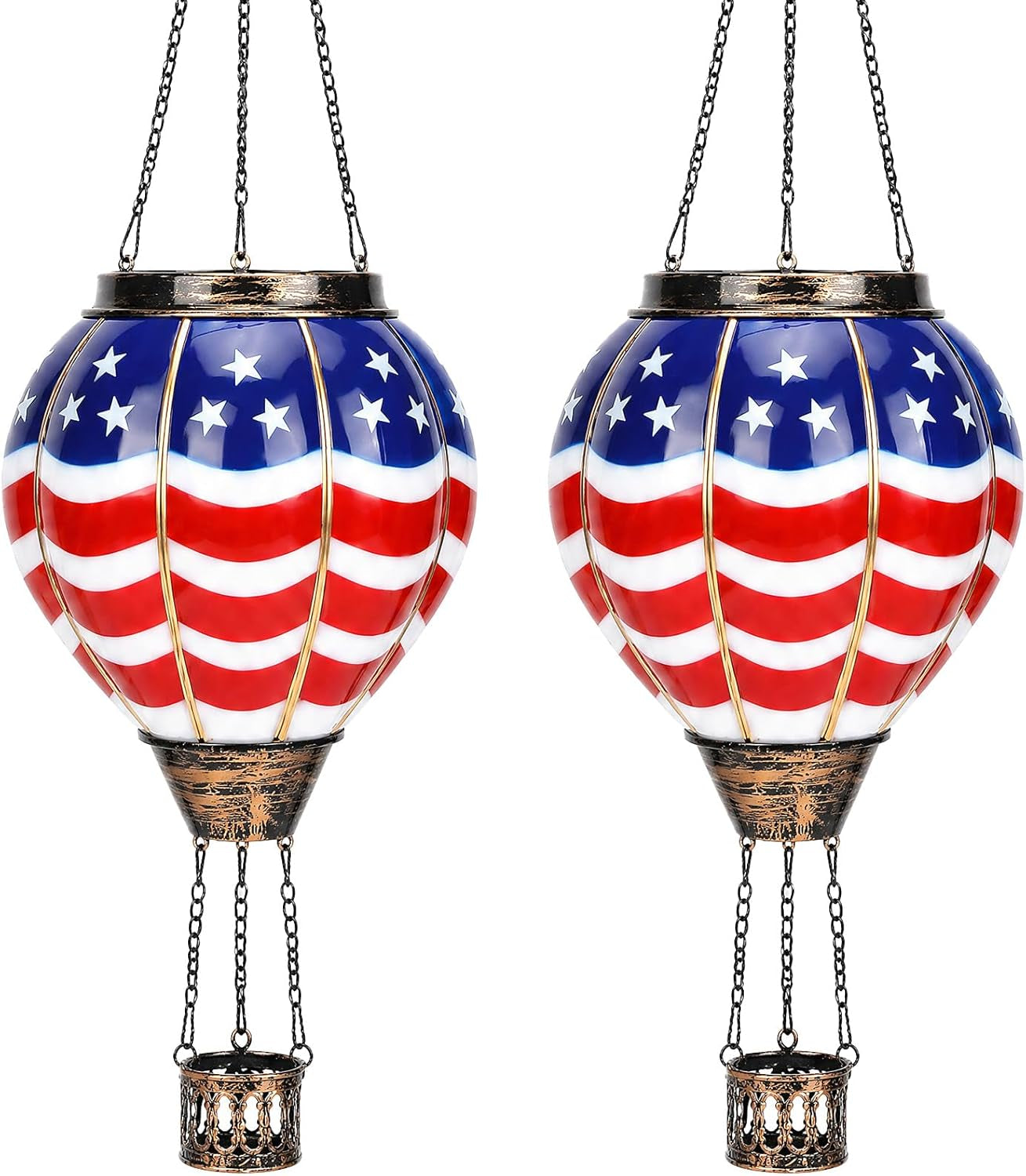 2 Pcs Hot Air Balloon Solar Lantern for Patriotic Outdoor Garden Decor, 4Th of July Hanging Flickering Flame Lights Waterproof Hanging Lantern Lamp for 250Th Anniversary Yard Porch Lawn