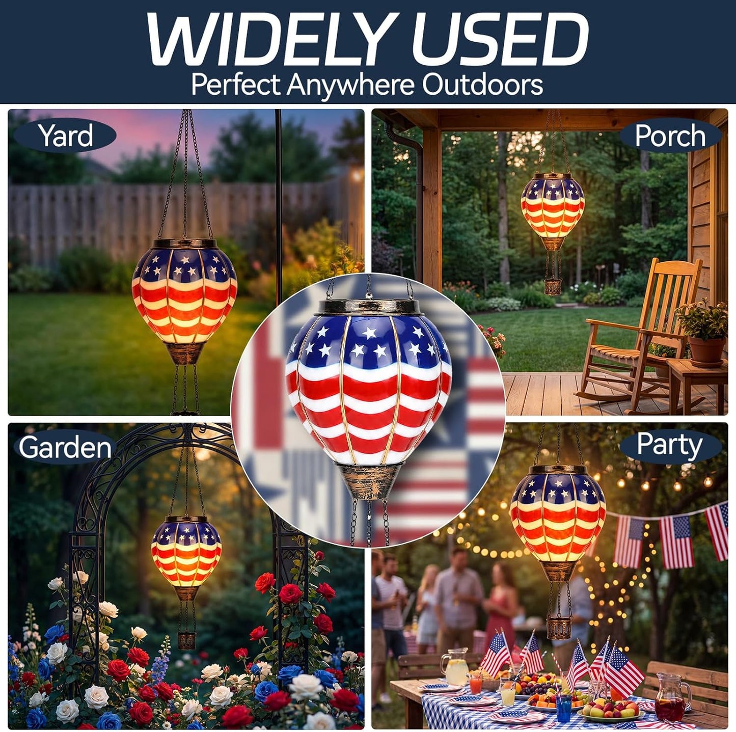 2 Pcs Hot Air Balloon Solar Lantern for Patriotic Outdoor Garden Decor, 4Th of July Hanging Flickering Flame Lights Waterproof Hanging Lantern Lamp for 250Th Anniversary Yard Porch Lawn