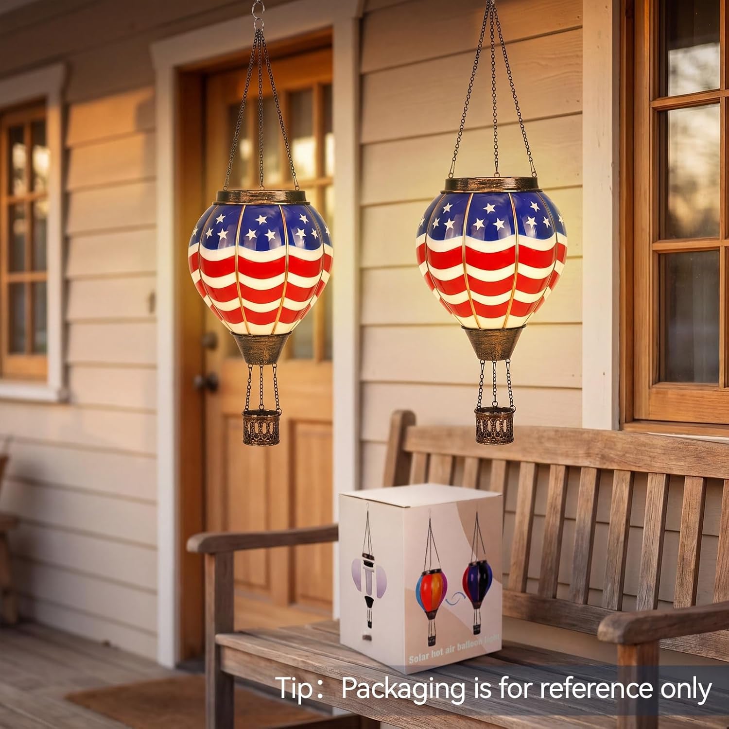 2 Pcs Hot Air Balloon Solar Lantern for Patriotic Outdoor Garden Decor, 4Th of July Hanging Flickering Flame Lights Waterproof Hanging Lantern Lamp for 250Th Anniversary Yard Porch Lawn