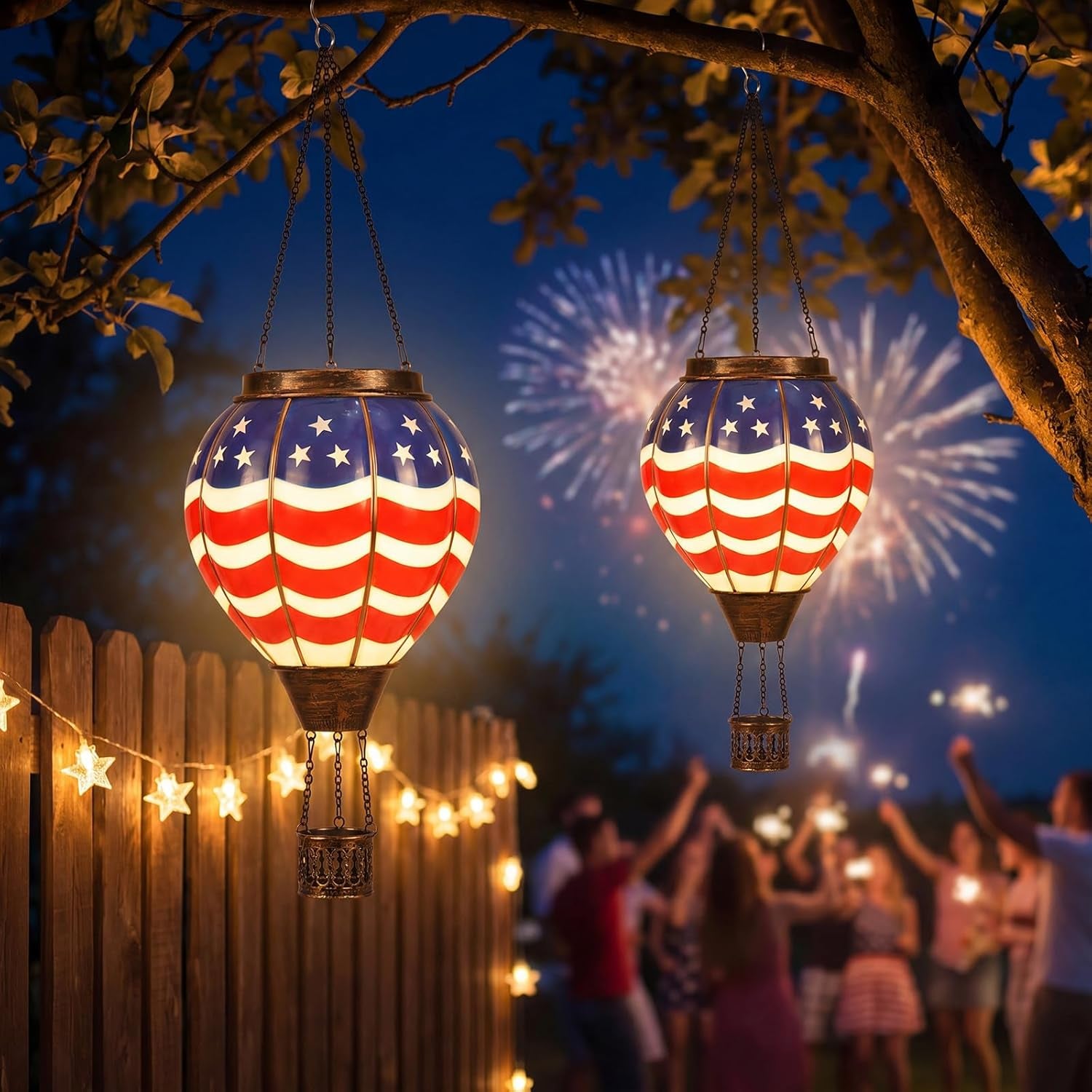 2 Pcs Hot Air Balloon Solar Lantern for Patriotic Outdoor Garden Decor, 4Th of July Hanging Flickering Flame Lights Waterproof Hanging Lantern Lamp for 250Th Anniversary Yard Porch Lawn