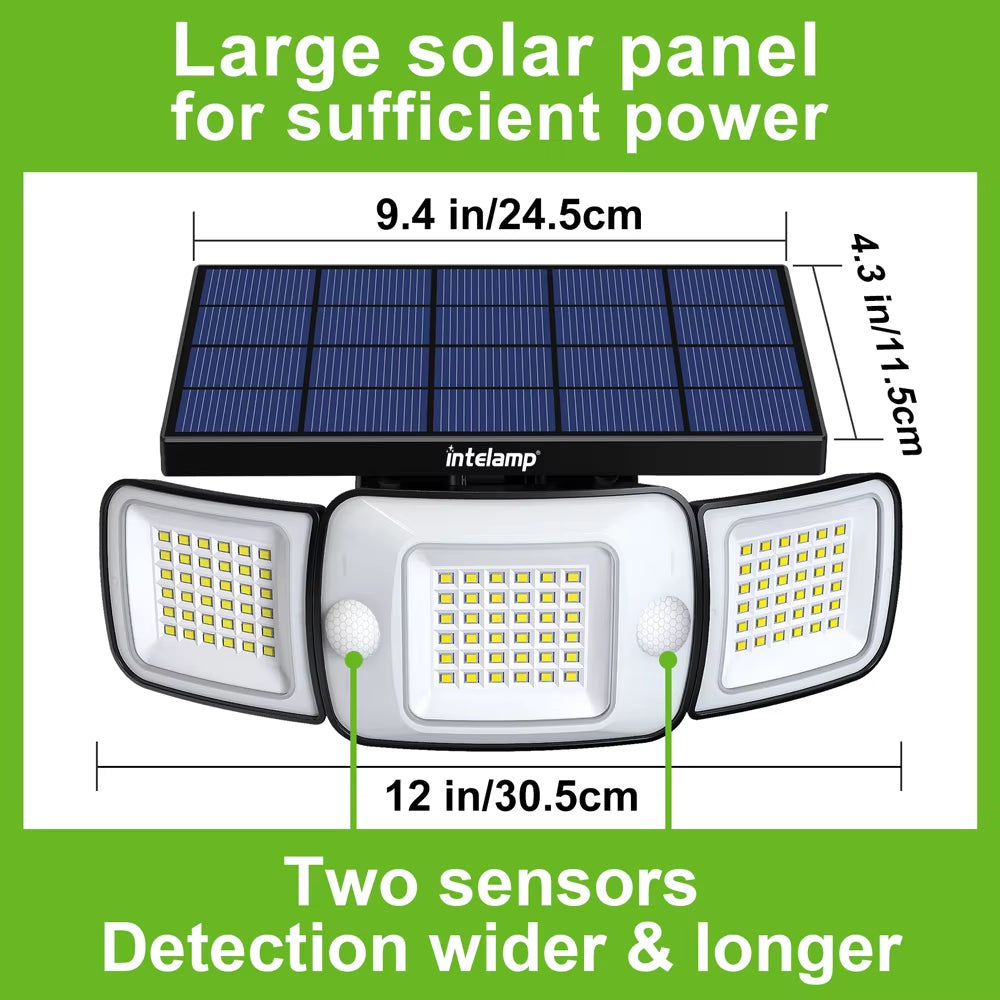 6000Mah Outdoor Solar Light Security Flood Light Spotlight Larger Solar Panel Two Motion Sensor for Garden Yard Garage