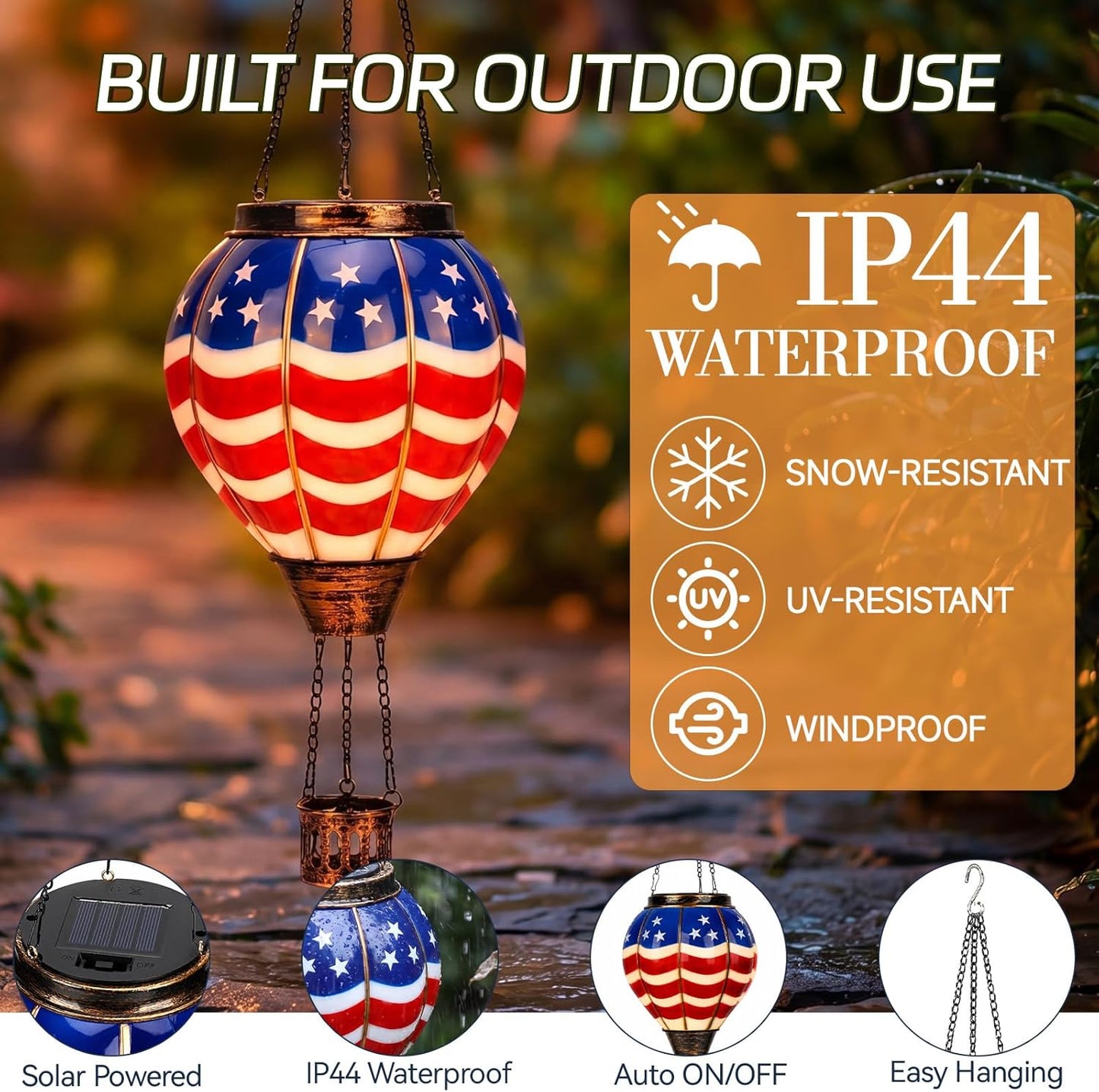 2 Pcs Hot Air Balloon Solar Lantern for Patriotic Outdoor Garden Decor, 4Th of July Hanging Flickering Flame Lights Waterproof Hanging Lantern Lamp for 250Th Anniversary Yard Porch Lawn